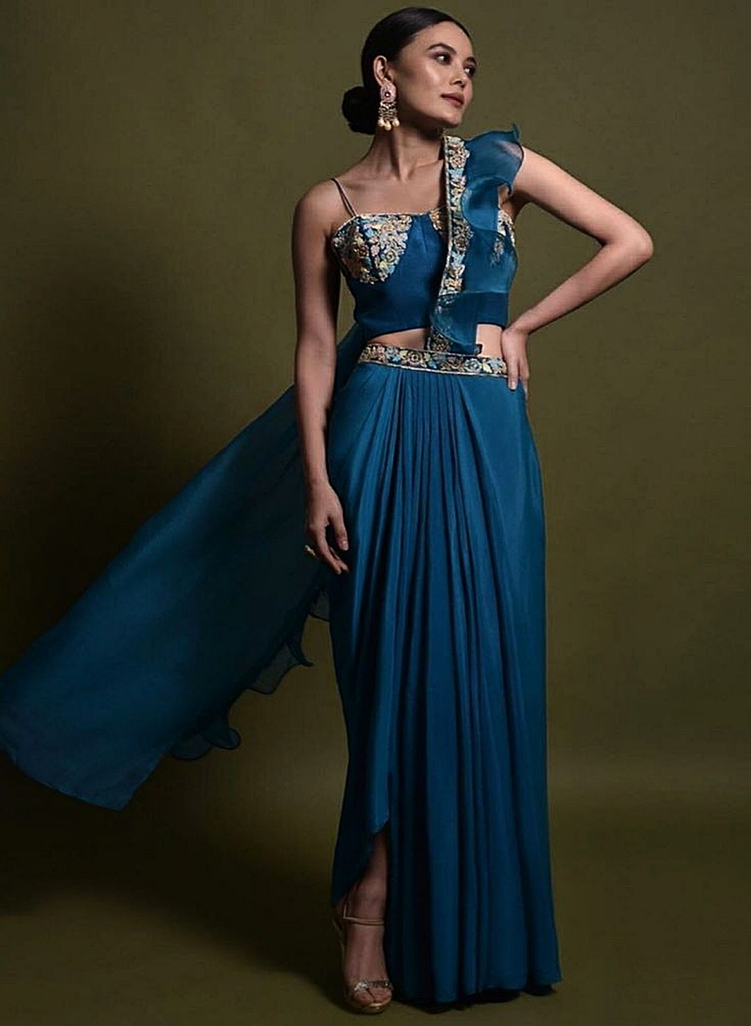 BLUE INDO -WESTERN GOWN WITH RED GOLDEN EMBROIDERY