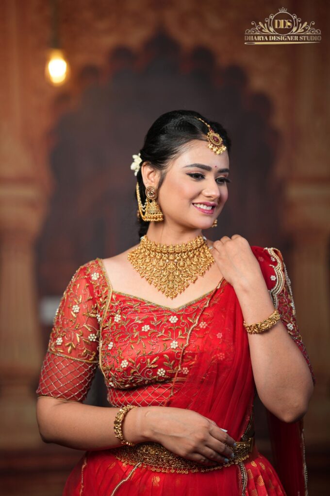 red bridal half saree
