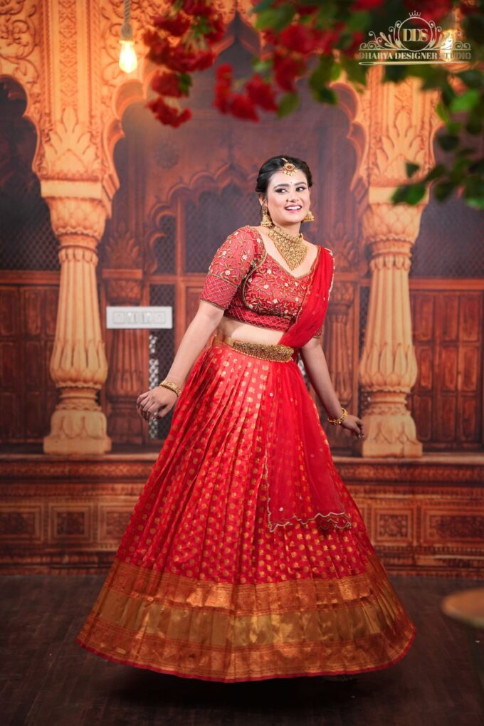 red bridal half saree
